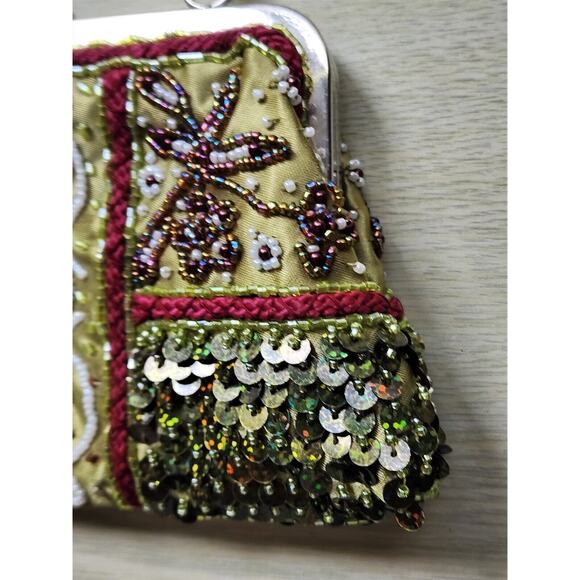 BEADED PURSE-Small-Beaded Handle-Green-Sequins-Evening Bag-Bling-Unique - Picture 4 of 16